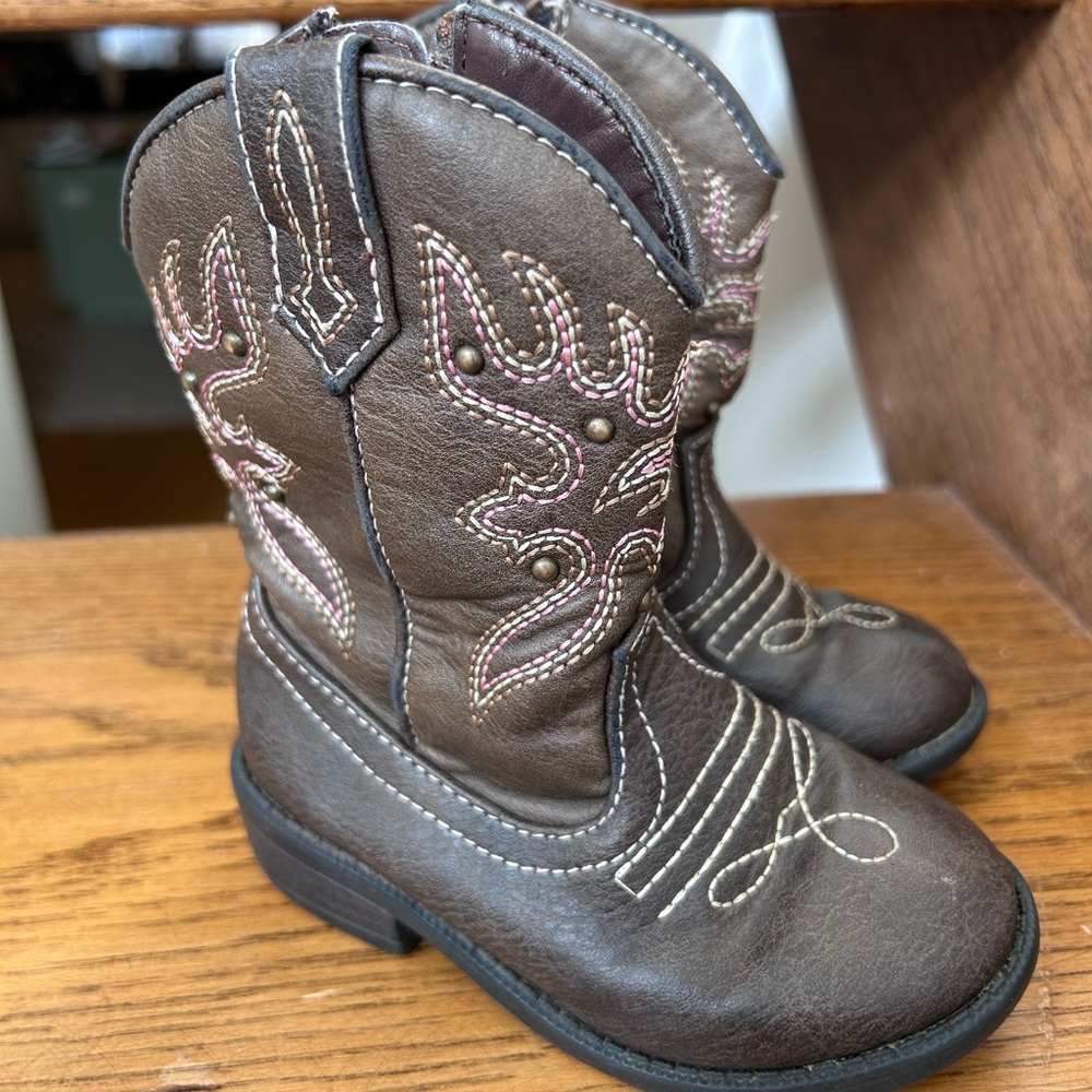 Toddler girls cowboy boots western brown stitched studded